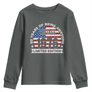 50th Birthday Youth Sweatshirt Vintage 1976 50 Year Old Birthday American Flag TS10 Dark Heather Print Your Wear