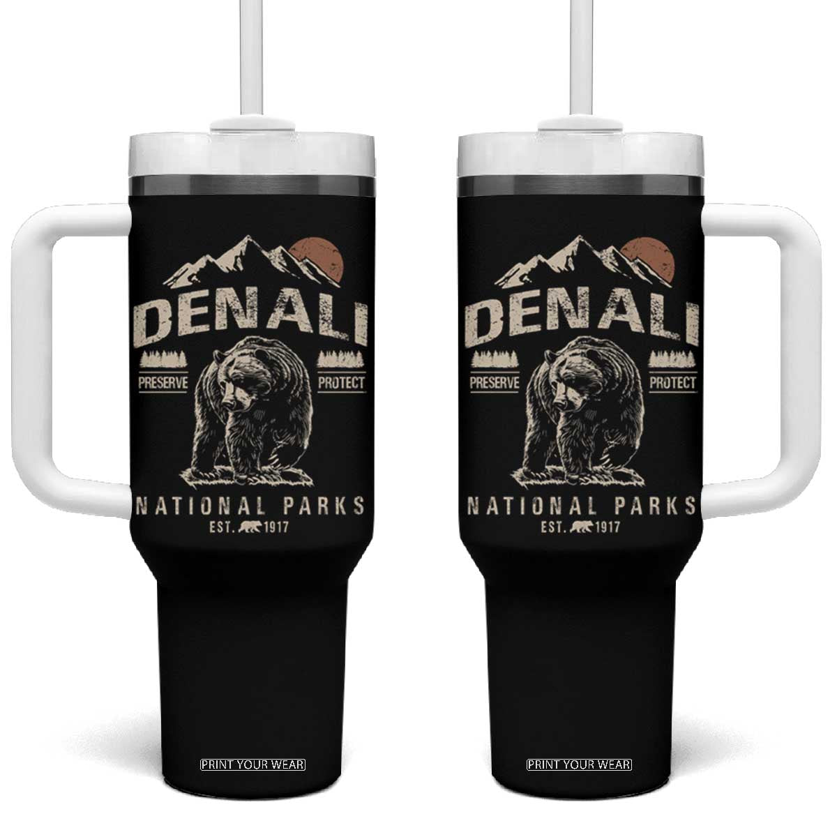 Denali National Park Tumbler With Handle Alaska Mountain Mountain Camping Hiking Mountaineering TS10 One Size: 40 oz Black Print Your Wear