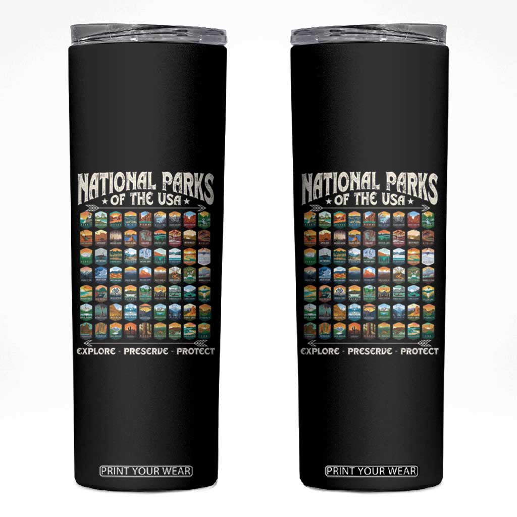 Protect Our National Parks Skinny Tumbler 63 Parks Over Profits Camping Hiking Sunrise Pine Tree TS10 Black Print Your Wear