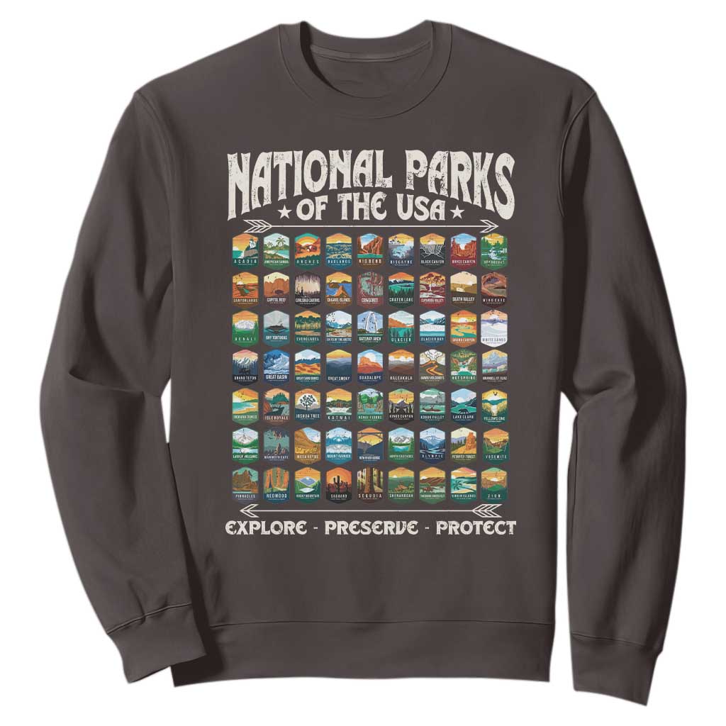 Protect Our National Parks Sweatshirt 63 Parks Over Profits Camping Hiking Sunrise Pine Tree TS10 Dark Chocolate Print Your Wear