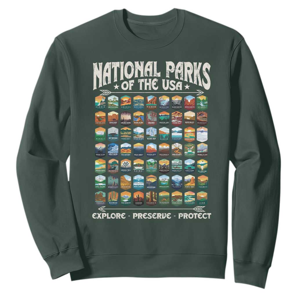 Protect Our National Parks Sweatshirt 63 Parks Over Profits Camping Hiking Sunrise Pine Tree TS10 Dark Forest Green Print Your Wear