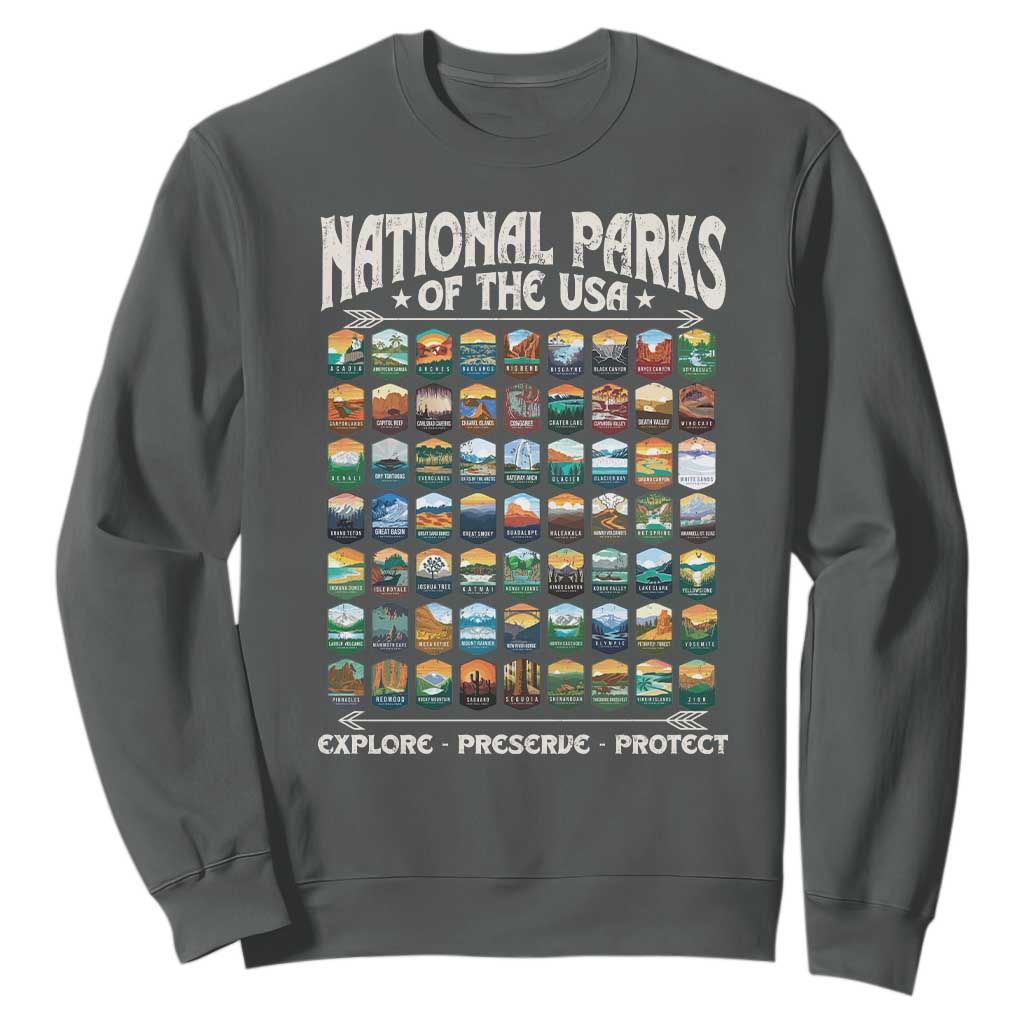 Protect Our National Parks Sweatshirt 63 Parks Over Profits Camping Hiking Sunrise Pine Tree TS10 Dark Heather Print Your Wear