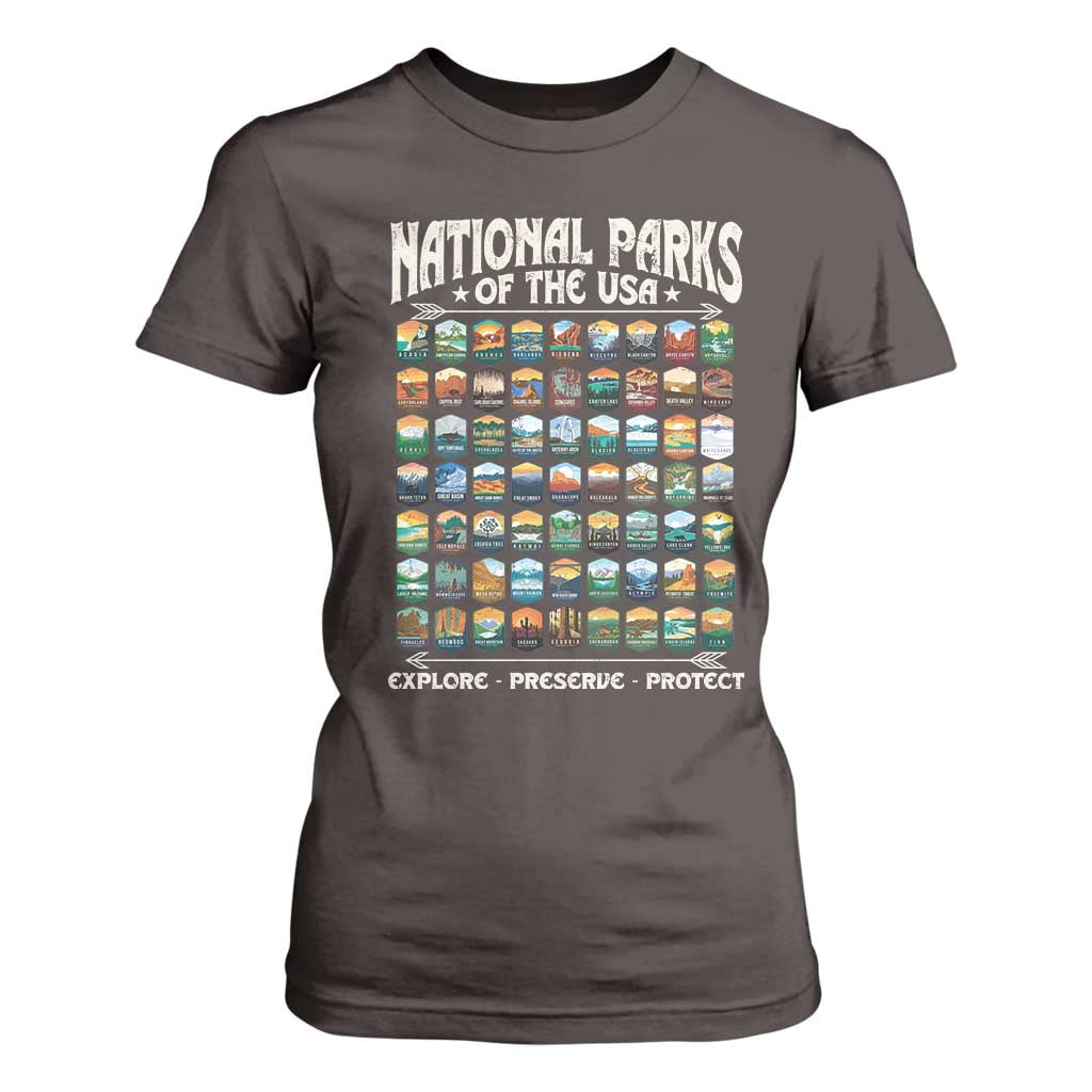 Protect Our National Parks T Shirt For Women 63 Parks Over Profits Camping Hiking Sunrise Pine Tree TS10 Dark Chocolate Print Your Wear