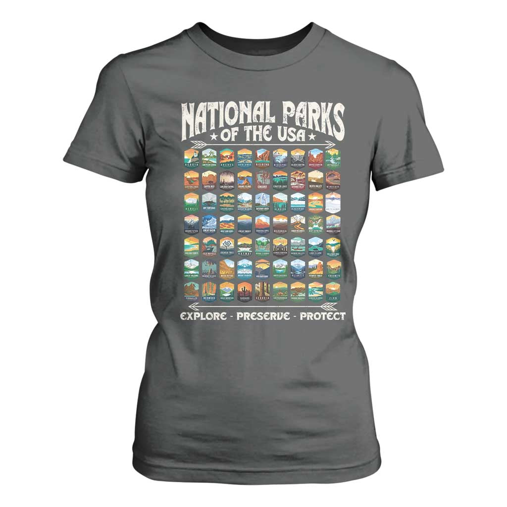 Protect Our National Parks T Shirt For Women 63 Parks Over Profits Camping Hiking Sunrise Pine Tree TS10 Dark Heather Print Your Wear