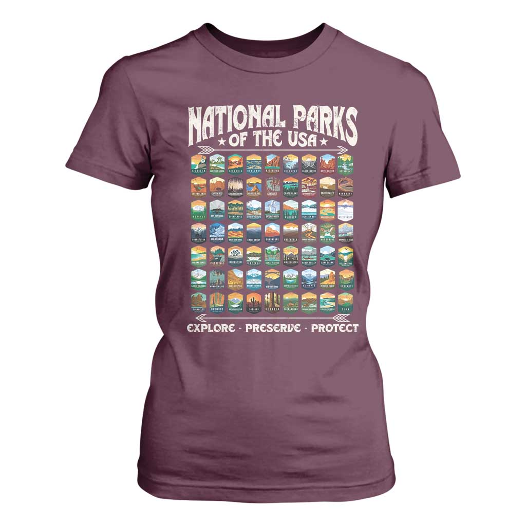 Protect Our National Parks T Shirt For Women 63 Parks Over Profits Camping Hiking Sunrise Pine Tree TS10 Maroon Print Your Wear
