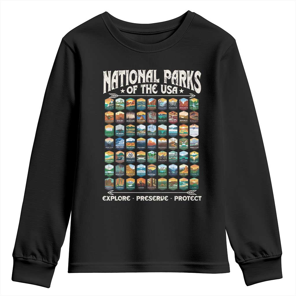 Protect Our National Parks Youth Sweatshirt 63 Parks Over Profits Camping Hiking Sunrise Pine Tree TS10 Black Print Your Wear