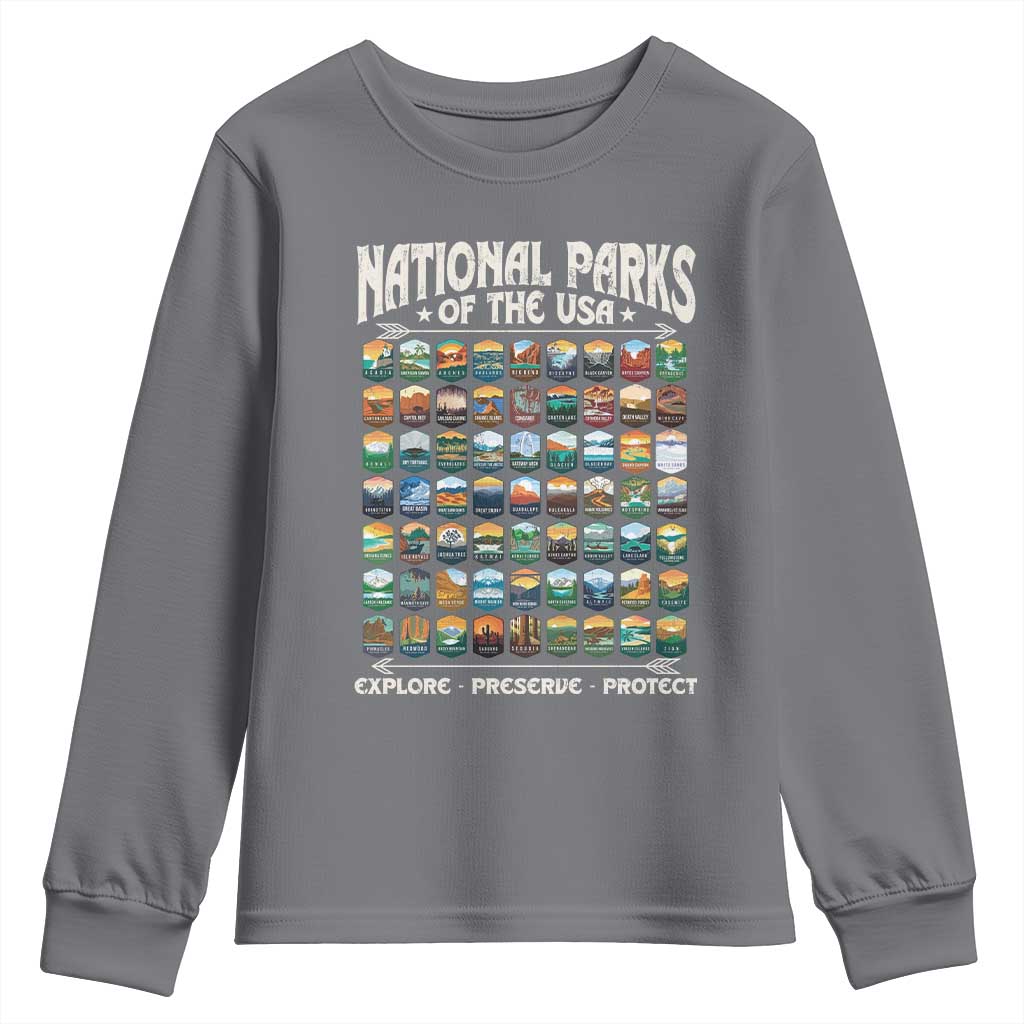 Protect Our National Parks Youth Sweatshirt 63 Parks Over Profits Camping Hiking Sunrise Pine Tree TS10 Charcoal Print Your Wear