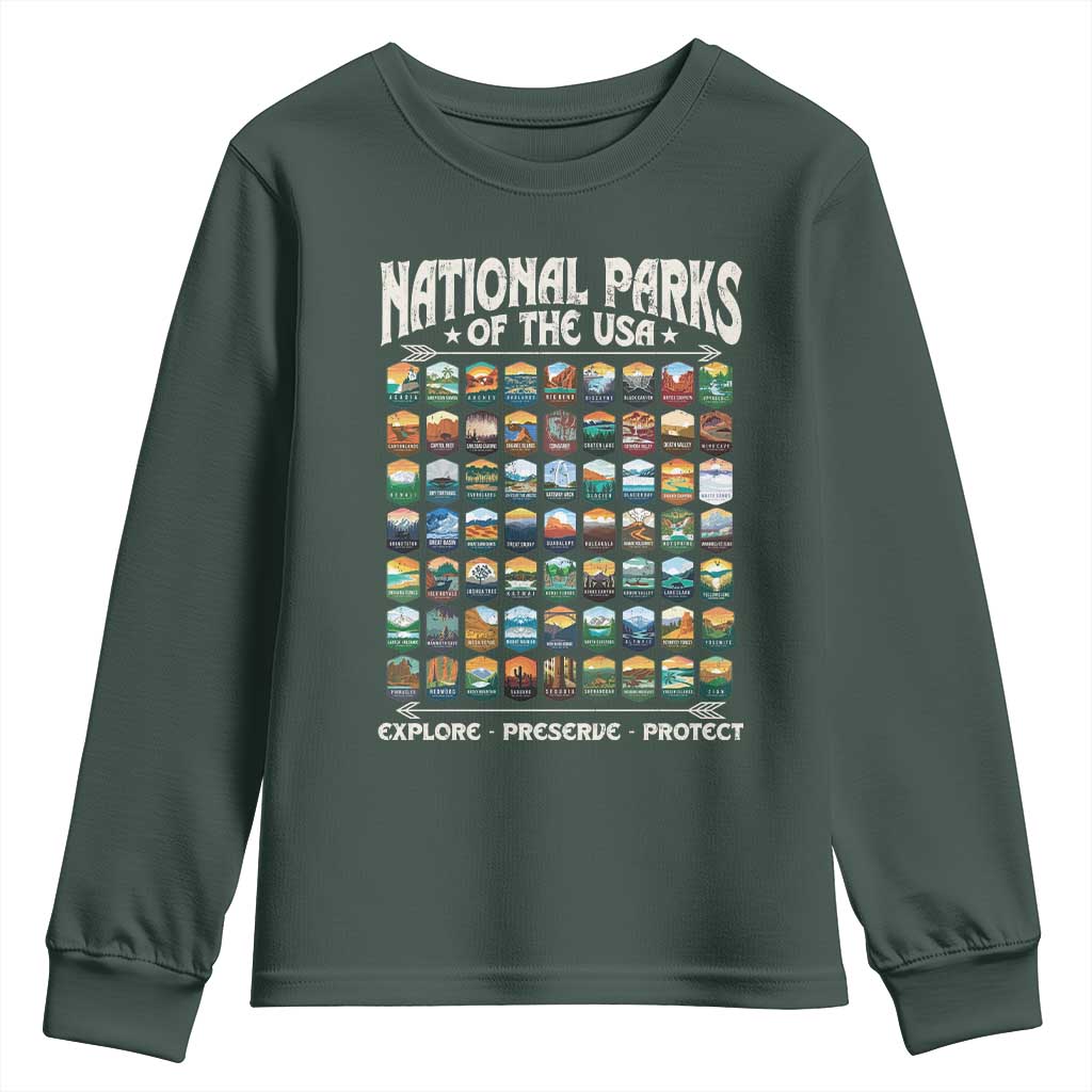 Protect Our National Parks Youth Sweatshirt 63 Parks Over Profits Camping Hiking Sunrise Pine Tree TS10 Dark Forest Green Print Your Wear