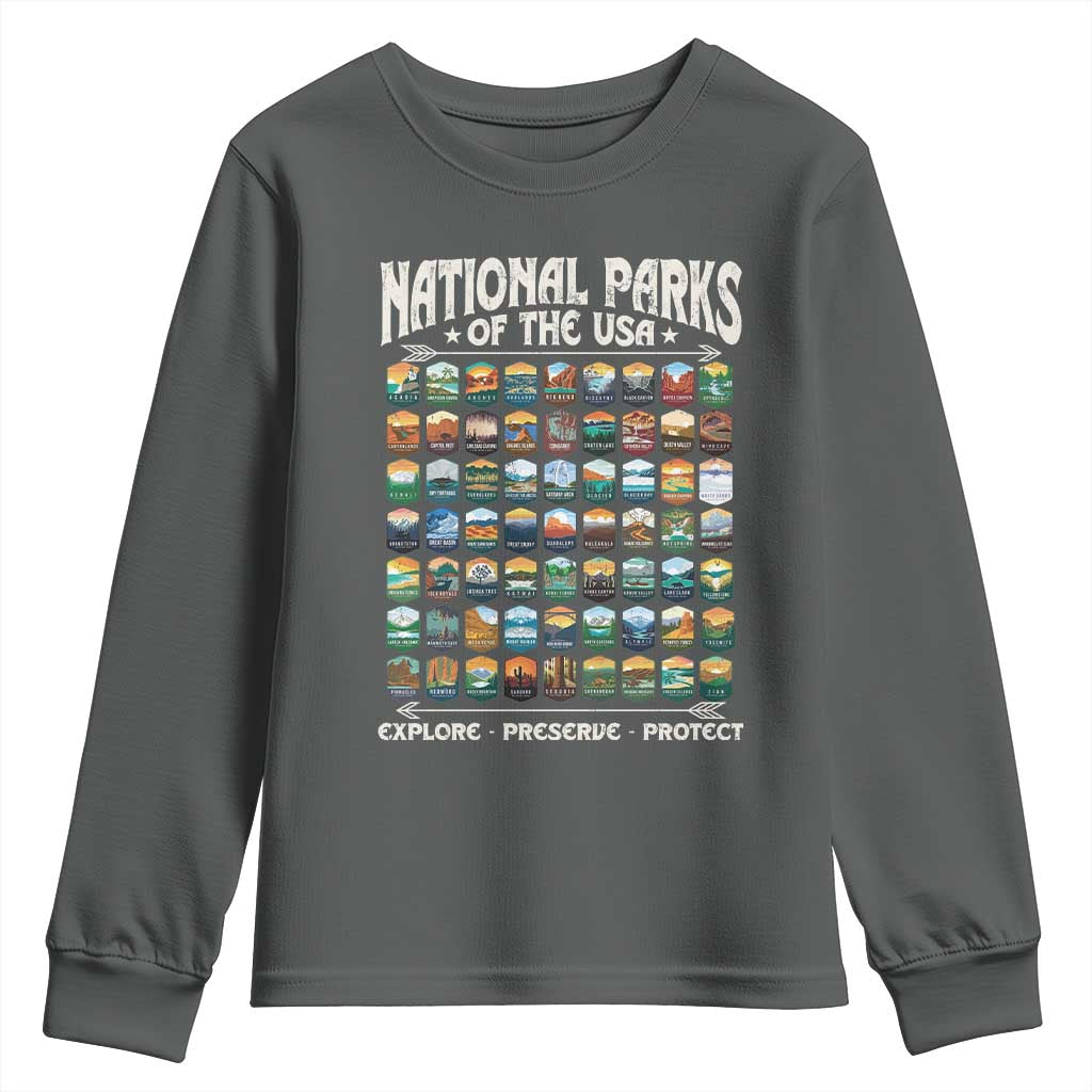 Protect Our National Parks Youth Sweatshirt 63 Parks Over Profits Camping Hiking Sunrise Pine Tree TS10 Dark Heather Print Your Wear