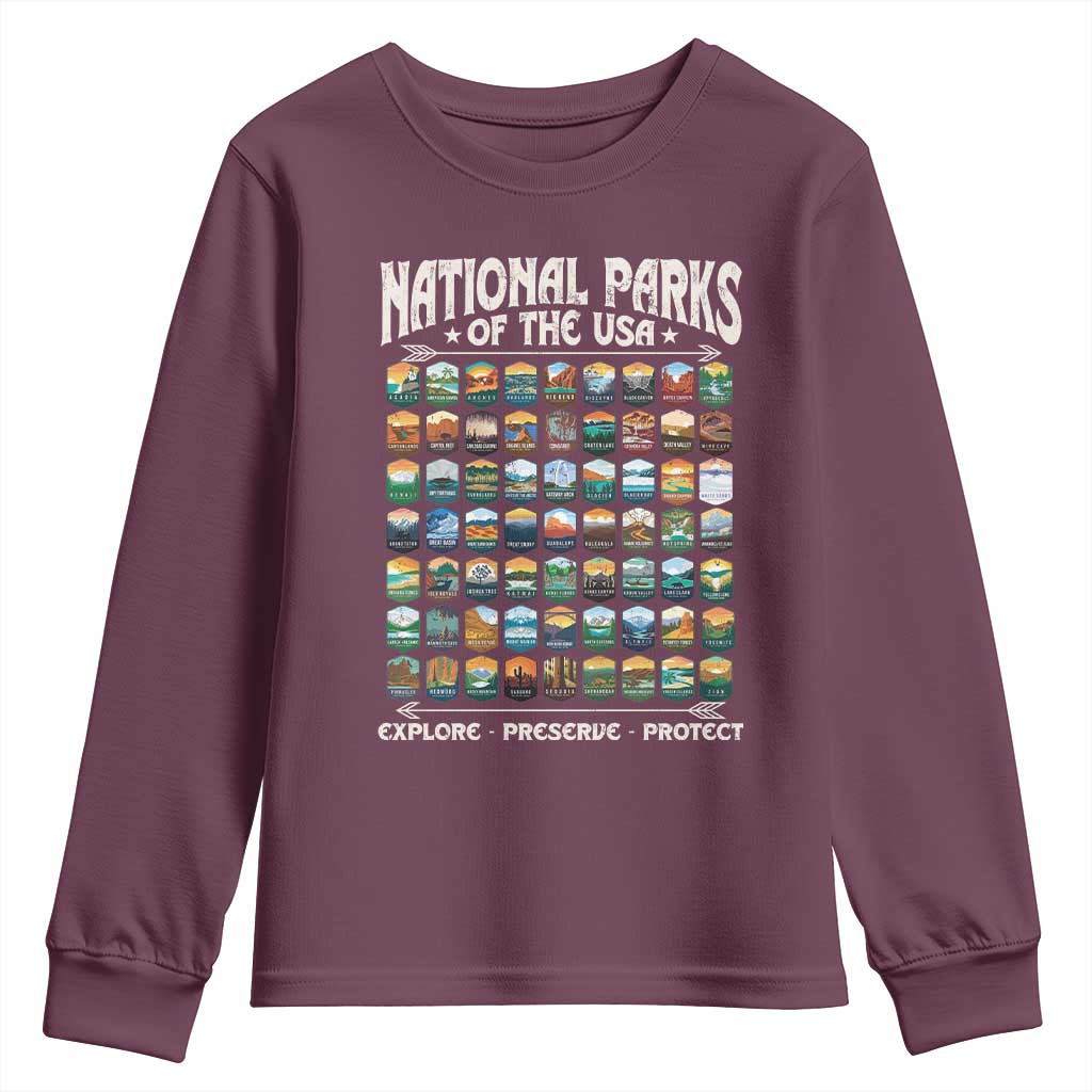 Protect Our National Parks Youth Sweatshirt 63 Parks Over Profits Camping Hiking Sunrise Pine Tree TS10 Maroon Print Your Wear