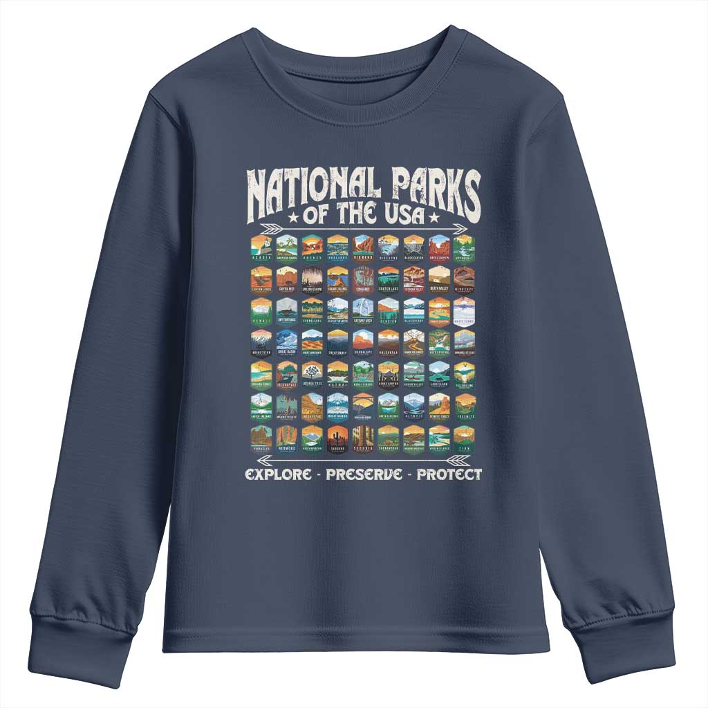 Protect Our National Parks Youth Sweatshirt 63 Parks Over Profits Camping Hiking Sunrise Pine Tree TS10 Navy Print Your Wear