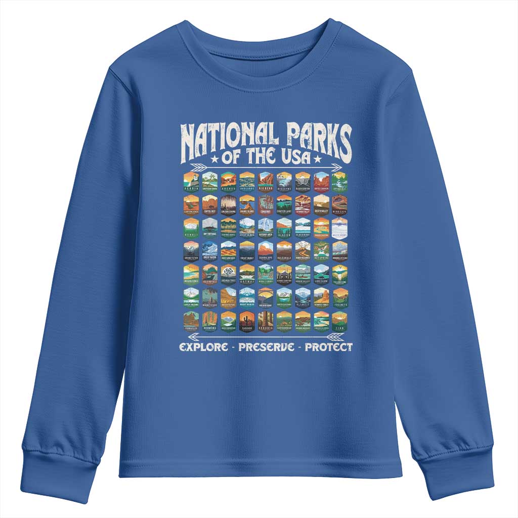 Protect Our National Parks Youth Sweatshirt 63 Parks Over Profits Camping Hiking Sunrise Pine Tree TS10 Royal Blue Print Your Wear