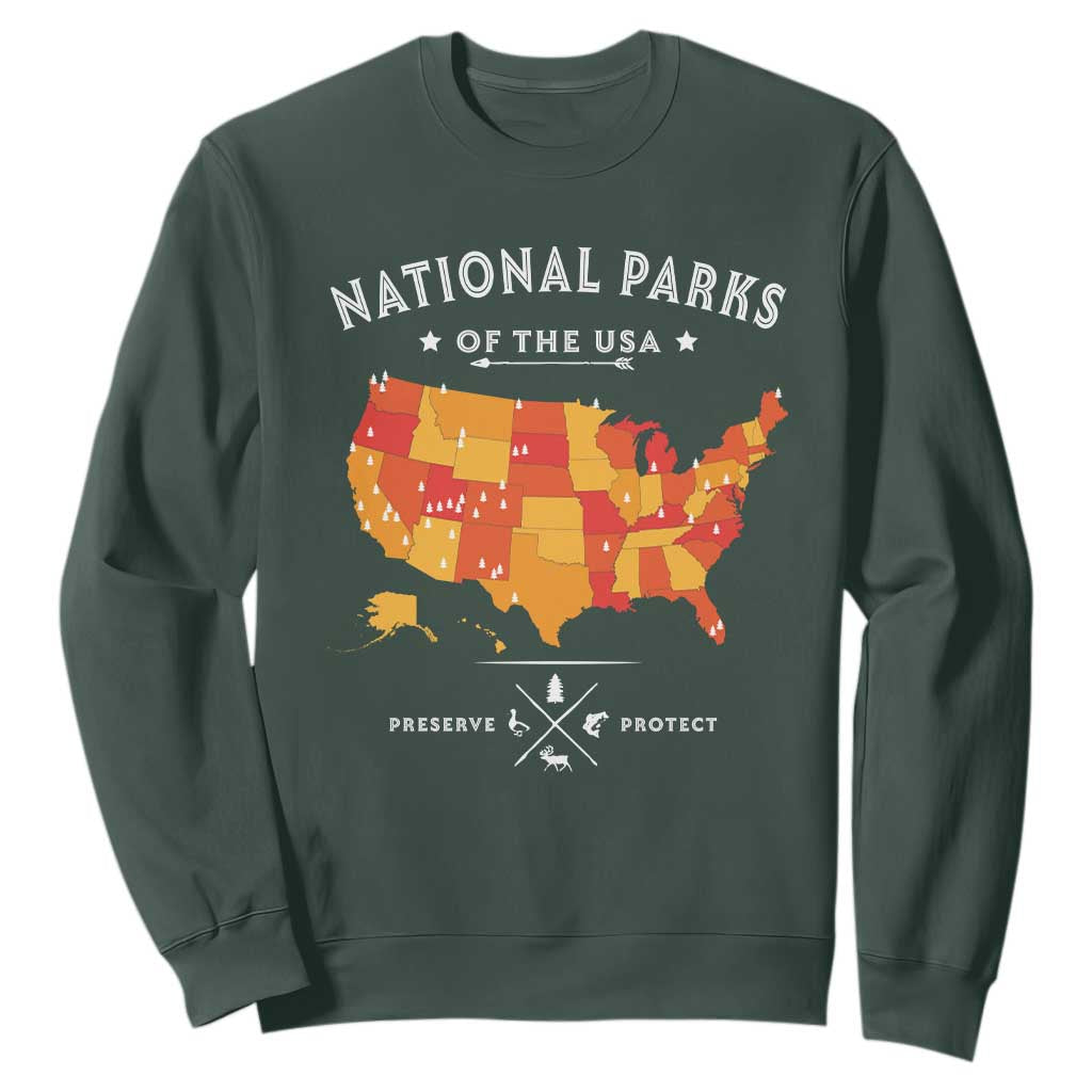 Protect Our National Parks Sweatshirt Of The Usa Map NPS TS10 Dark Forest Green Print Your Wear