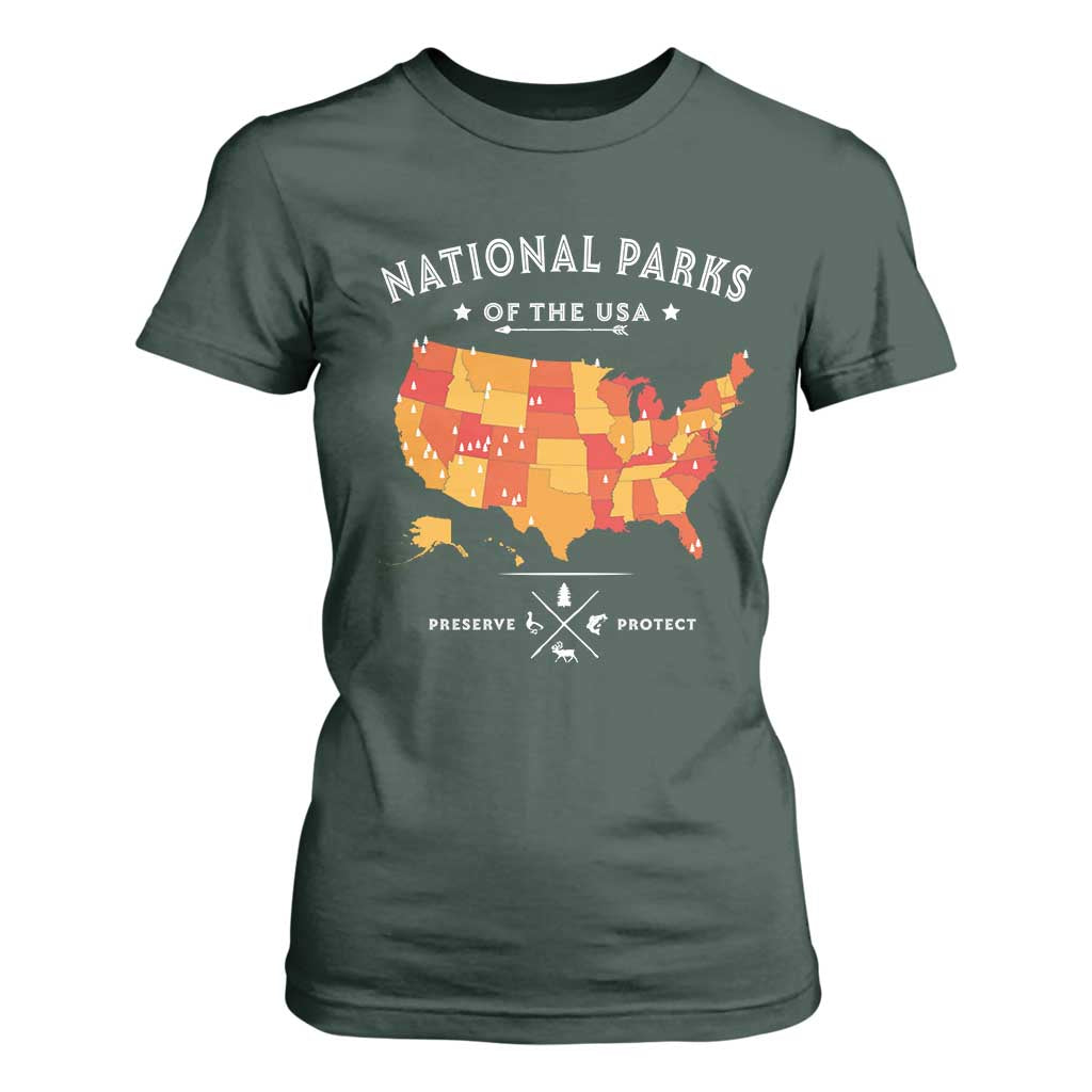 Protect Our National Parks T Shirt For Women Of The Usa Map NPS TS10 Dark Forest Green Print Your Wear