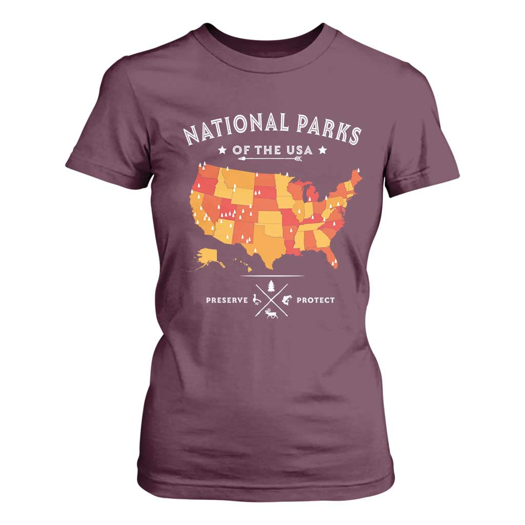 Protect Our National Parks T Shirt For Women Of The Usa Map NPS TS10 Maroon Print Your Wear