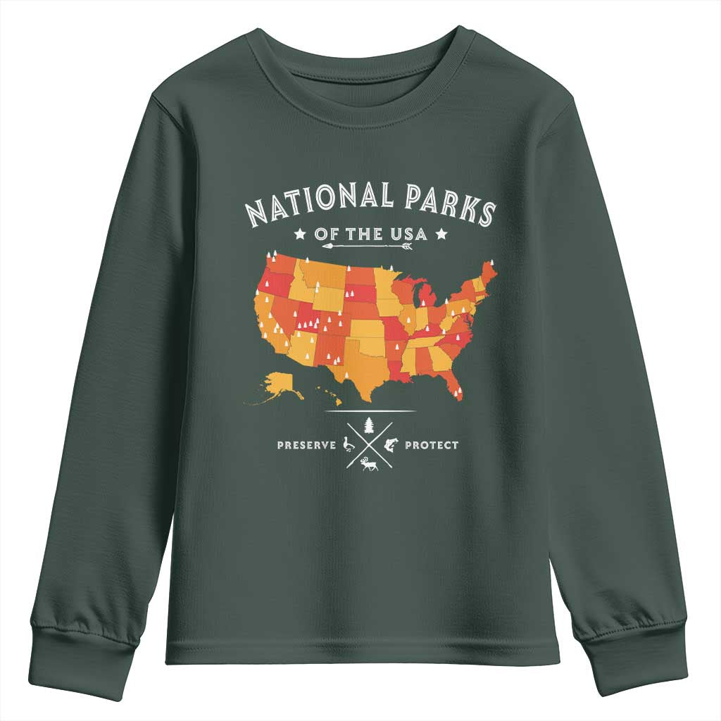 Protect Our National Parks Youth Sweatshirt Of The Usa Map NPS TS10 Dark Forest Green Print Your Wear