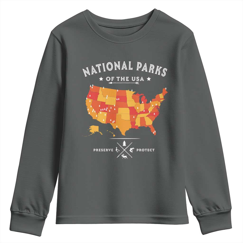 Protect Our National Parks Youth Sweatshirt Of The Usa Map NPS TS10 Dark Heather Print Your Wear
