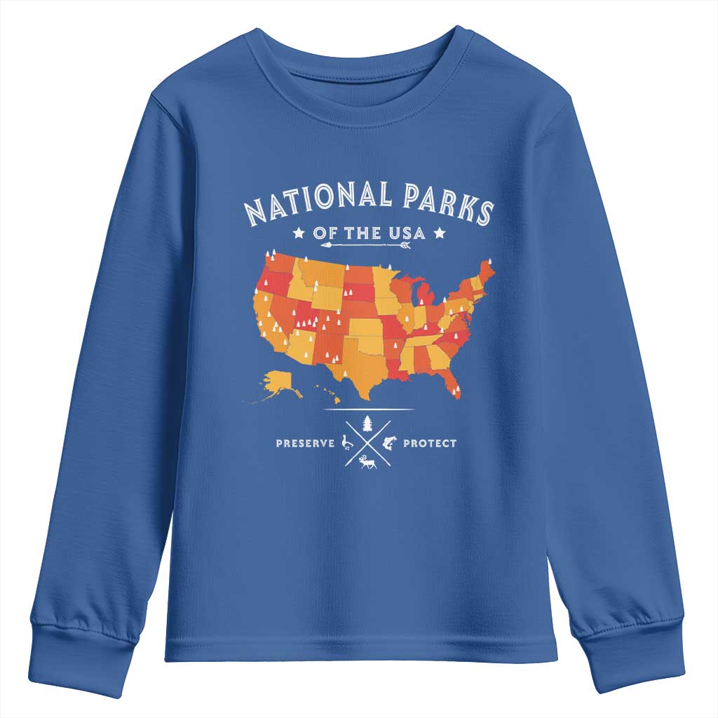 Protect Our National Parks Youth Sweatshirt Of The Usa Map NPS TS10 Royal Blue Print Your Wear