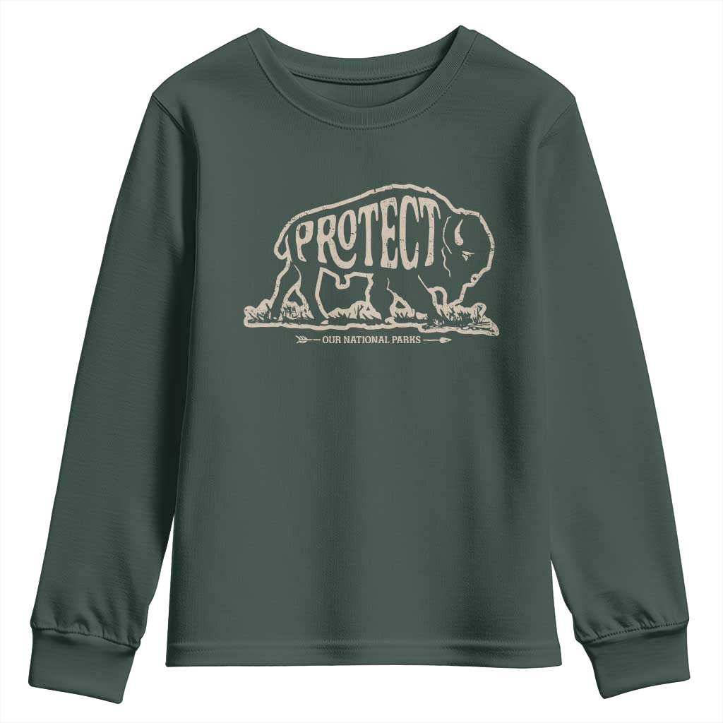 Protect Our National Parks Youth Sweatshirt Bison Buffalo Vintage TS10 Dark Forest Green Print Your Wear