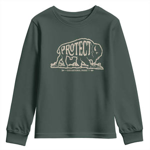 Protect Our National Parks Youth Sweatshirt Bison Buffalo Vintage TS10 Dark Forest Green Print Your Wear