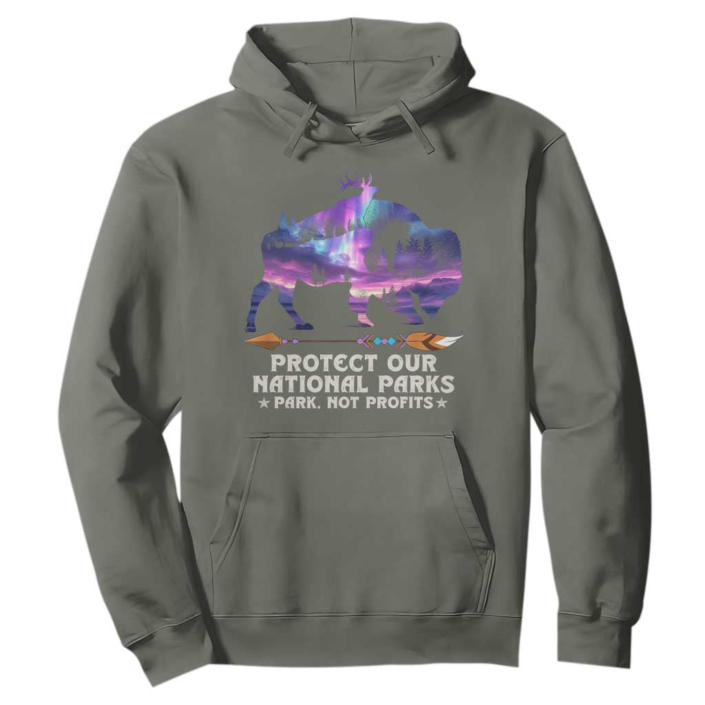 Protect Our National Parks Hoodie Bison Forest Starscape Aurora TS10 Military Green Print Your Wear