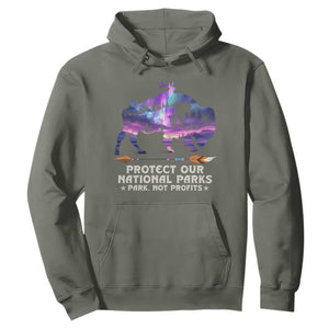 Protect Our National Parks Hoodie Bison Forest Starscape Aurora TS10 Military Green Print Your Wear