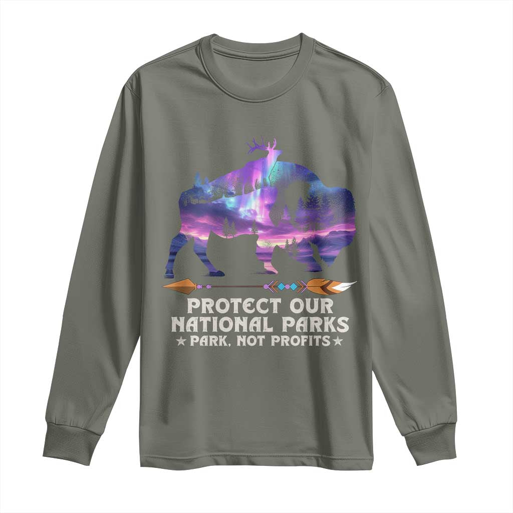 Protect Our National Parks Long Sleeve Shirt Bison Forest Starscape Aurora TS10 Military Green Print Your Wear