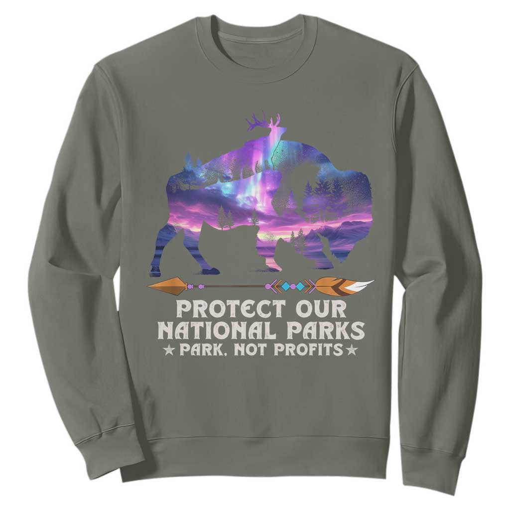Protect Our National Parks Sweatshirt Bison Forest Starscape Aurora TS10 Military Green Print Your Wear
