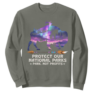 Protect Our National Parks Sweatshirt Bison Forest Starscape Aurora TS10 Military Green Print Your Wear