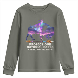 Protect Our National Parks Youth Sweatshirt Bison Forest Starscape Aurora TS10 Military Green Print Your Wear