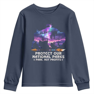 Protect Our National Parks Youth Sweatshirt Bison Forest Starscape Aurora TS10 Navy Print Your Wear