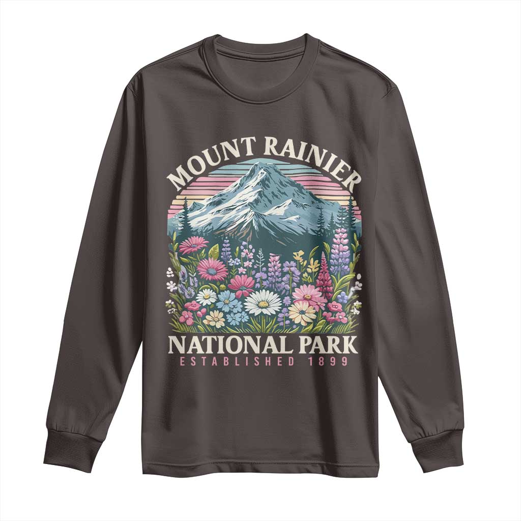 Mount Rainier National Park Long Sleeve Shirt Retro Vintage Wildflowers TS10 Dark Chocolate Print Your Wear