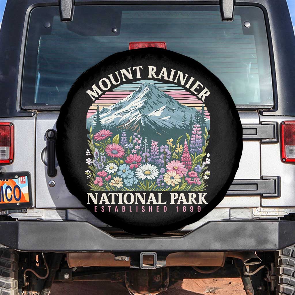 Mount Rainier National Park Spare Tire Cover Retro Vintage Wildflowers TS10 No hole Black Print Your Wear