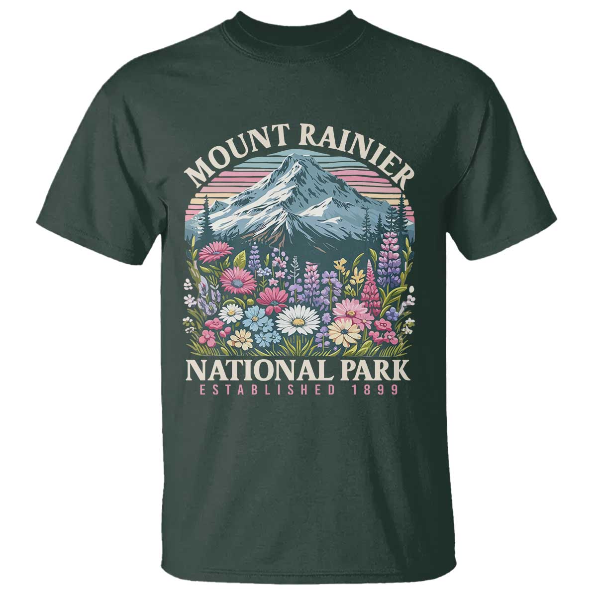 Mount Rainier National Park T Shirt Retro Vintage Wildflowers TS10 Dark Forest Green Print Your Wear