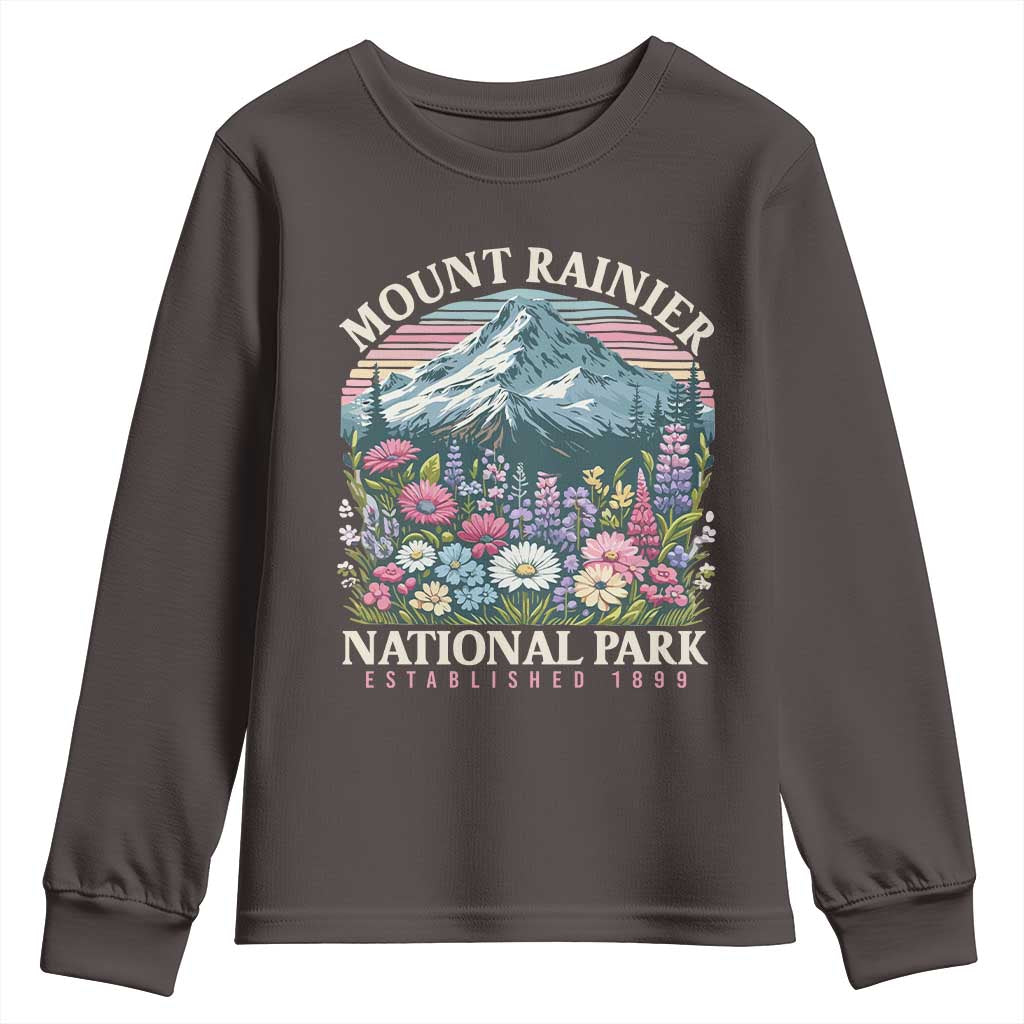 Mount Rainier National Park Youth Sweatshirt Retro Vintage Wildflowers TS10 Dark Chocolate Print Your Wear