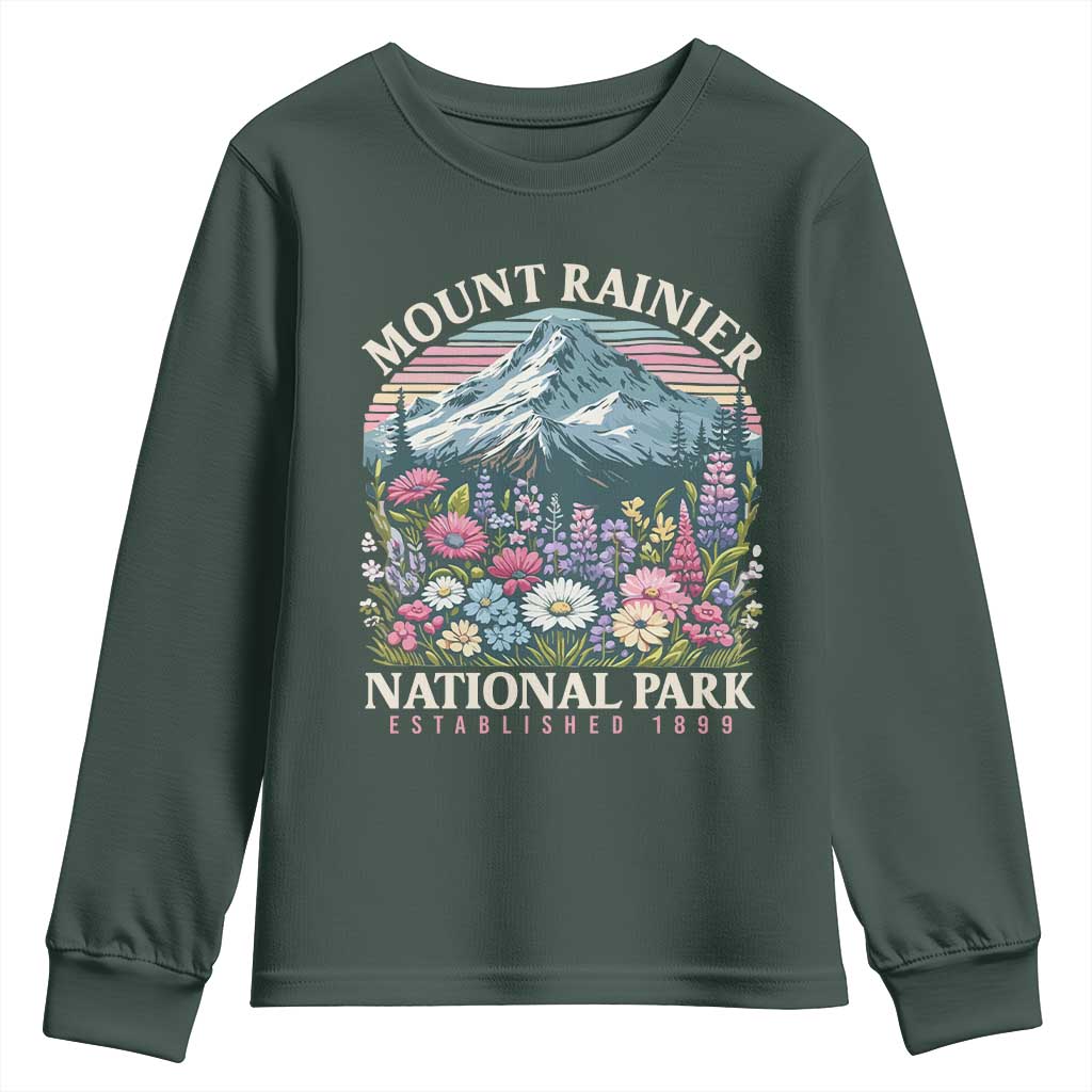 Mount Rainier National Park Youth Sweatshirt Retro Vintage Wildflowers TS10 Dark Forest Green Print Your Wear