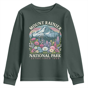 Mount Rainier National Park Youth Sweatshirt Retro Vintage Wildflowers TS10 Dark Forest Green Print Your Wear
