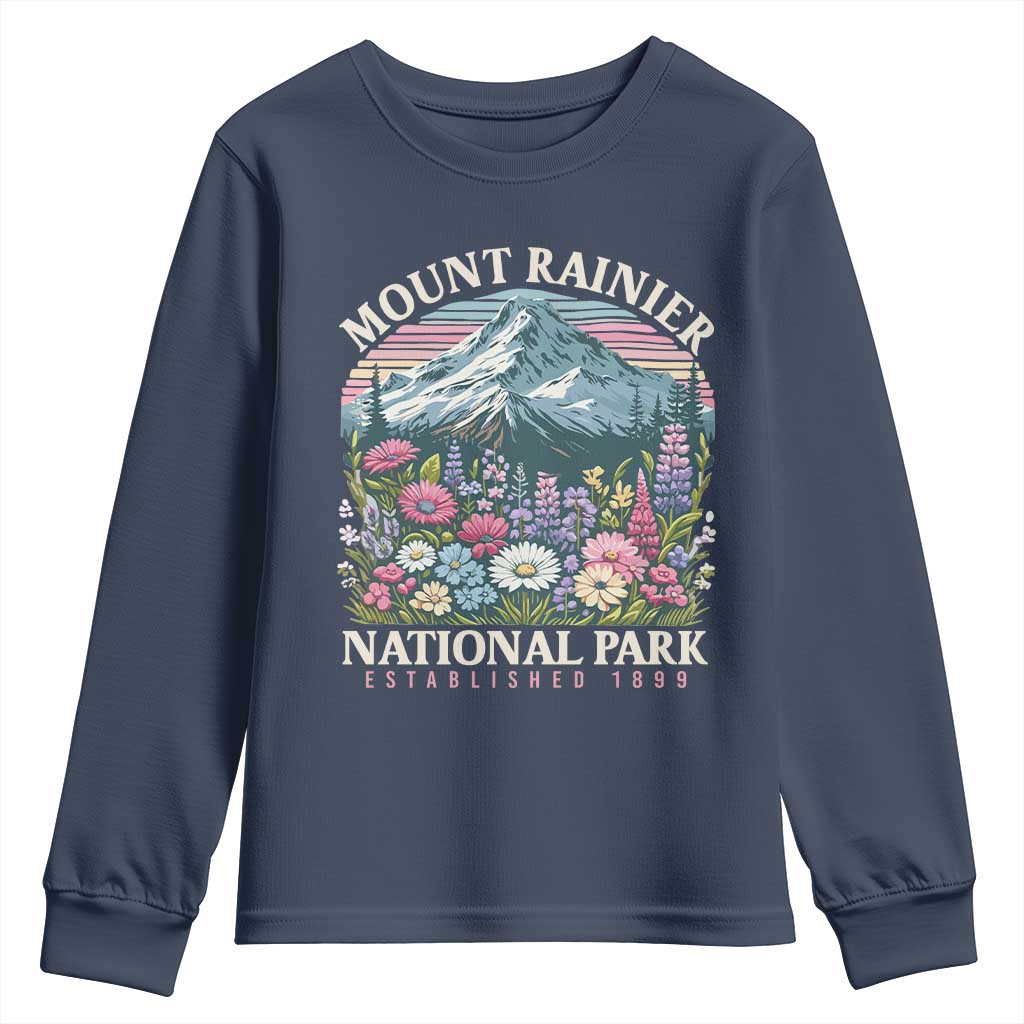 Mount Rainier National Park Youth Sweatshirt Retro Vintage Wildflowers TS10 Navy Print Your Wear