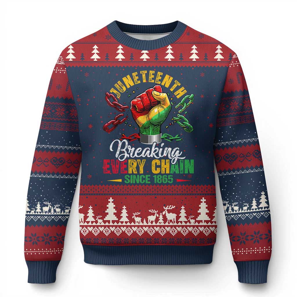 Breaking Every Chain Since 1865 Juneteenth Ugly Christmas Sweater Celebrating Black Freedom TS10 Navy Red Print Your Wear