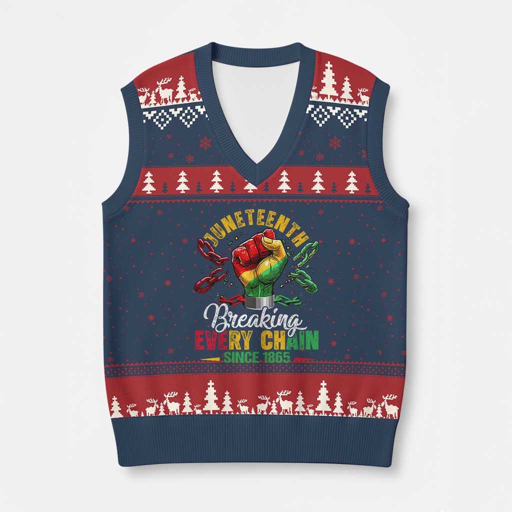 Breaking Every Chain Since 1865 Juneteenth V-Neck Knit Sweater Vest Celebrating Black Freedom TS10 Navy Red Print Your Wear