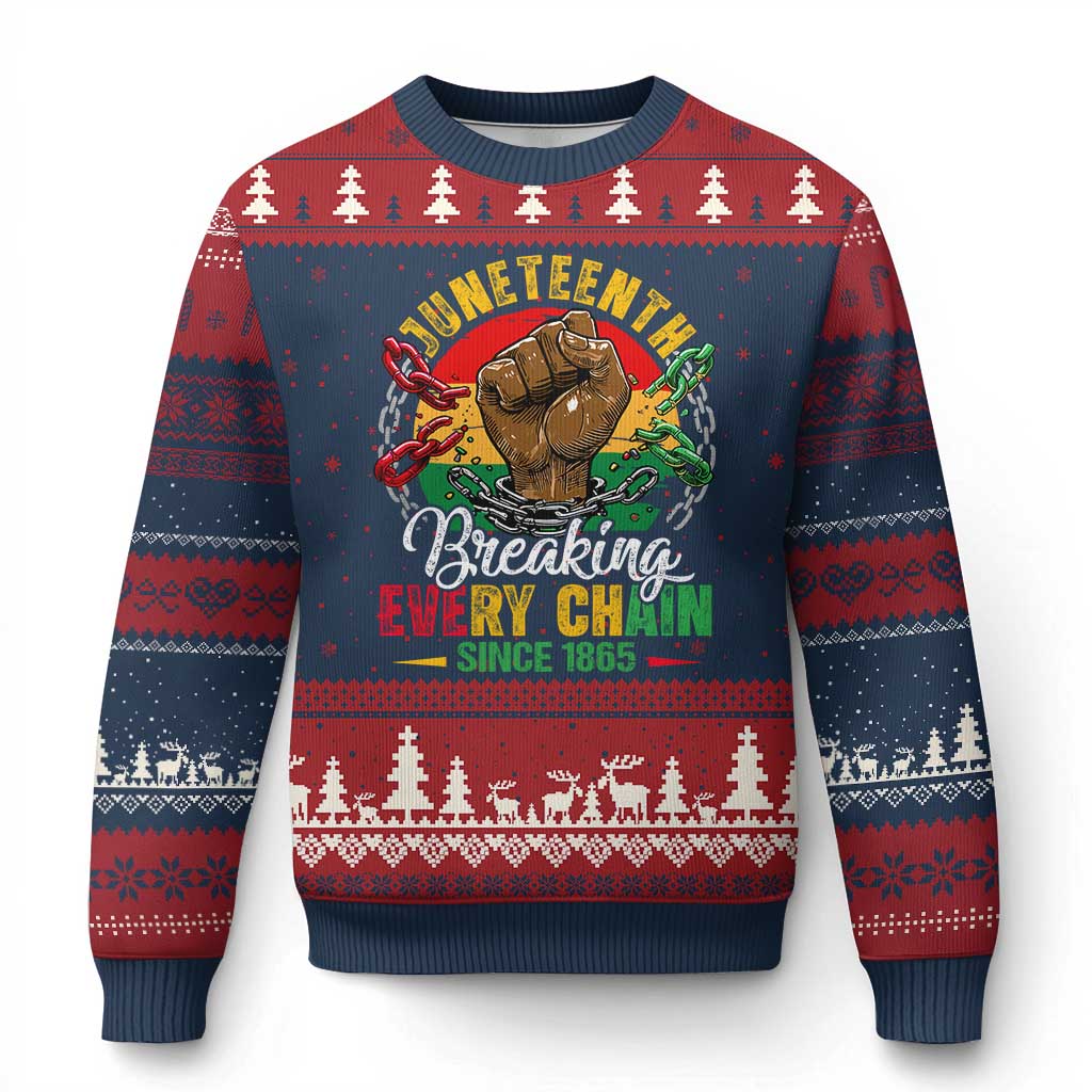 Juneteenth Breaking Every Chain Since 1865 Ugly Christmas Sweater Retro Vintage TS10 Navy Red Print Your Wear