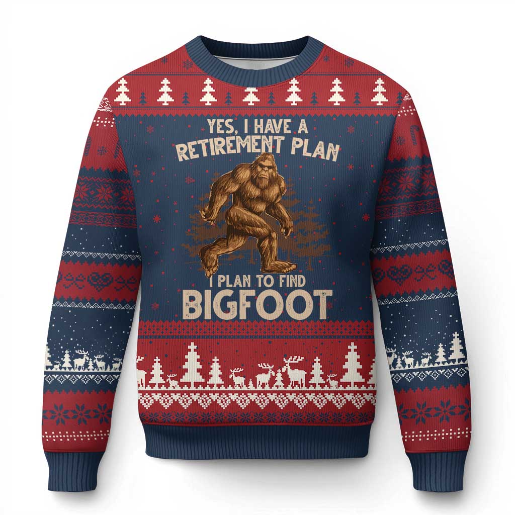 Bigfoot Retirement Plan Ugly Christmas Sweater Funny Saying Sasquatch Research TS10 Navy Red Print Your Wear