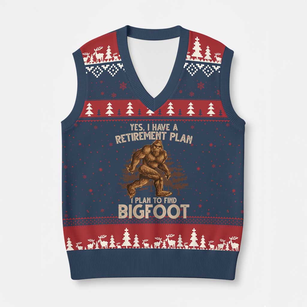 Bigfoot Retirement Plan V-Neck Knit Sweater Vest Funny Saying Sasquatch Research TS10 Navy Red Print Your Wear