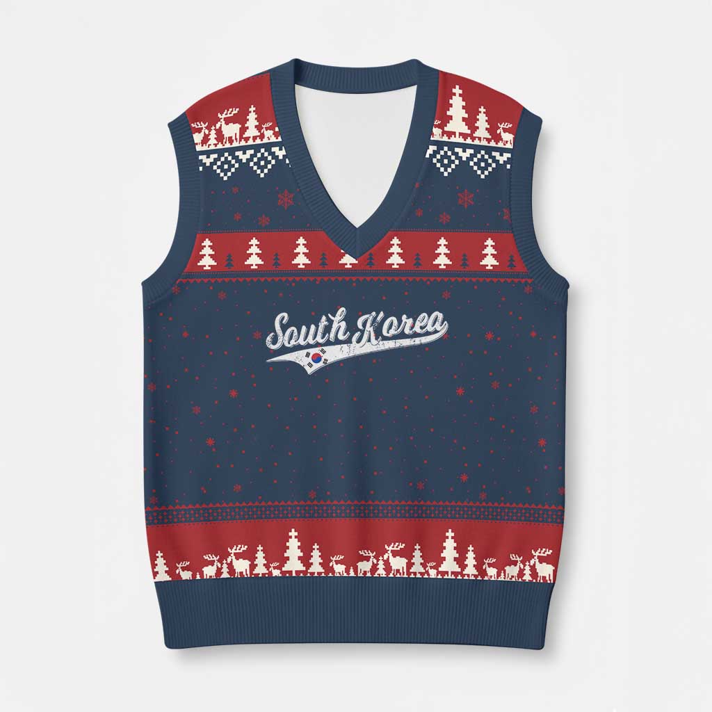South Korea V-Neck Knit Sweater Vest Retro Script Sport Korean Flag TS10 Navy Red Print Your Wear