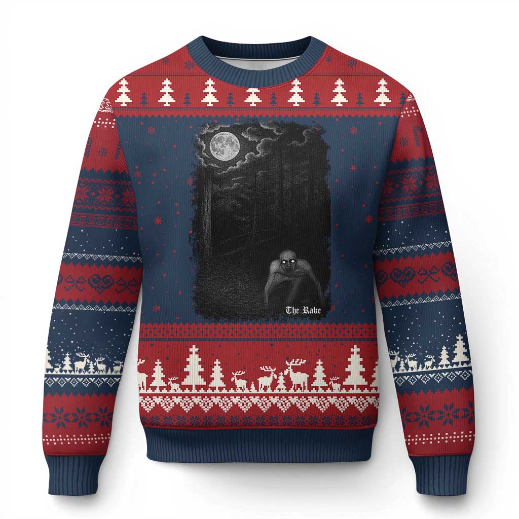 Rake Creepypasta Ugly Christmas Sweater Cryptid Series Cryptozoology Gift Creepy Horror Halloween TS10 Navy Red Print Your Wear