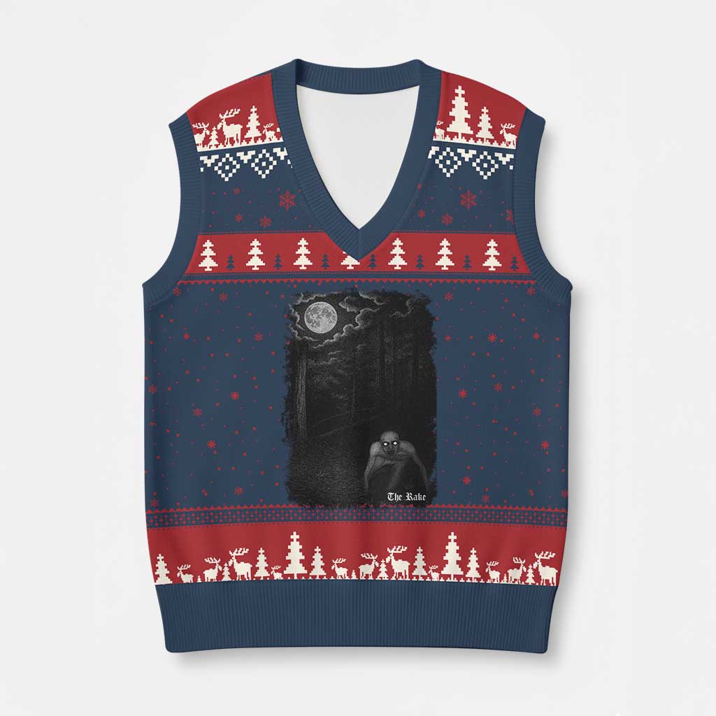Rake Creepypasta V-Neck Knit Sweater Vest Cryptid Series Cryptozoology Gift Creepy Horror Halloween TS10 Navy Red Print Your Wear