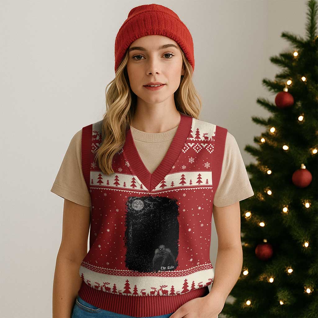 Rake Creepypasta V-Neck Knit Sweater Vest Cryptid Series Cryptozoology Gift Creepy Horror Halloween TS10 Red Beige Print Your Wear