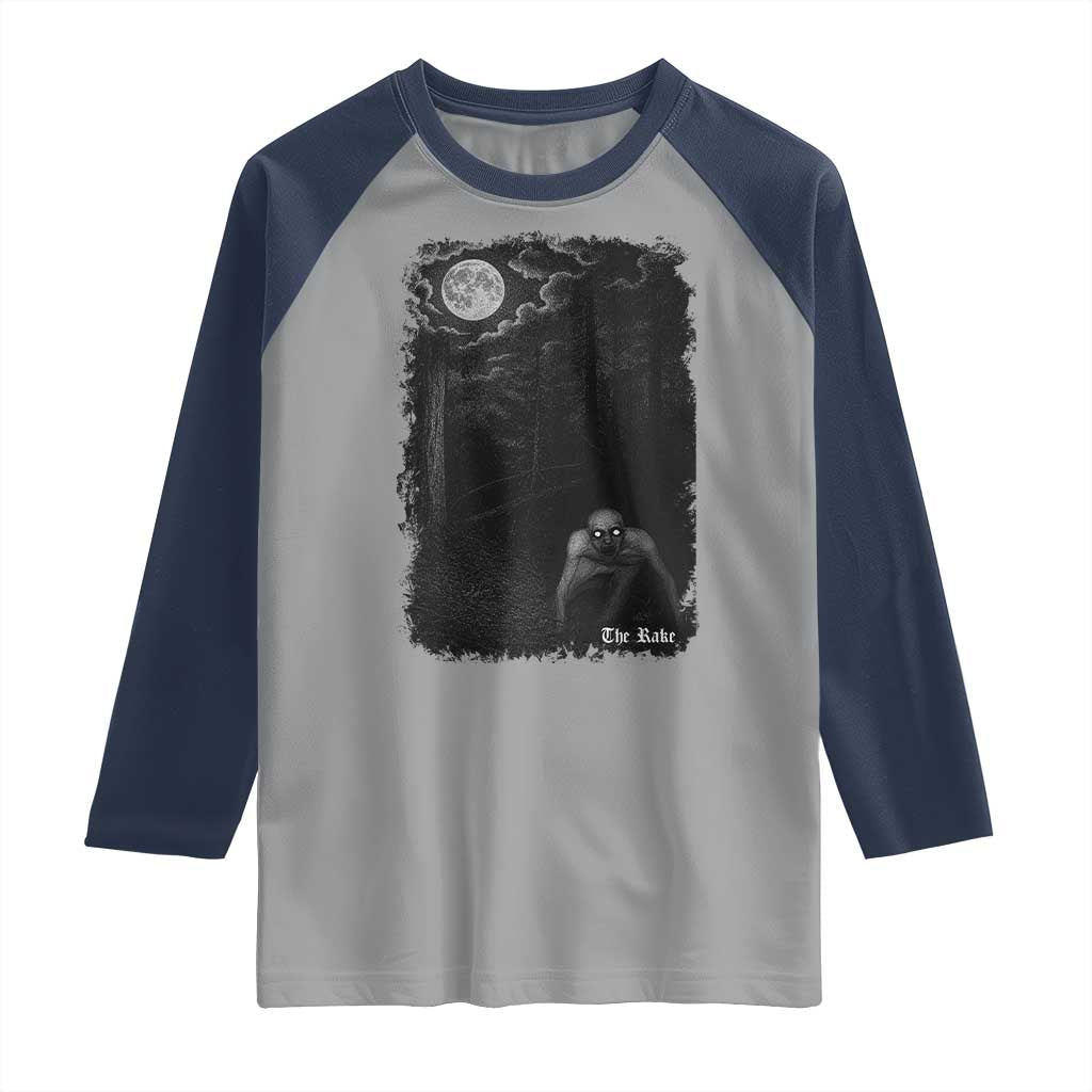 Rake Creepypasta Raglan Shirt Cryptid Series Cryptozoology Gift Creepy Horror Halloween TS10 Sport Gray Navy Print Your Wear