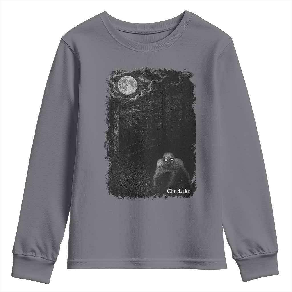 Rake Creepypasta Youth Sweatshirt Cryptid Series Cryptozoology Gift Creepy Horror Halloween TS10 Charcoal Print Your Wear