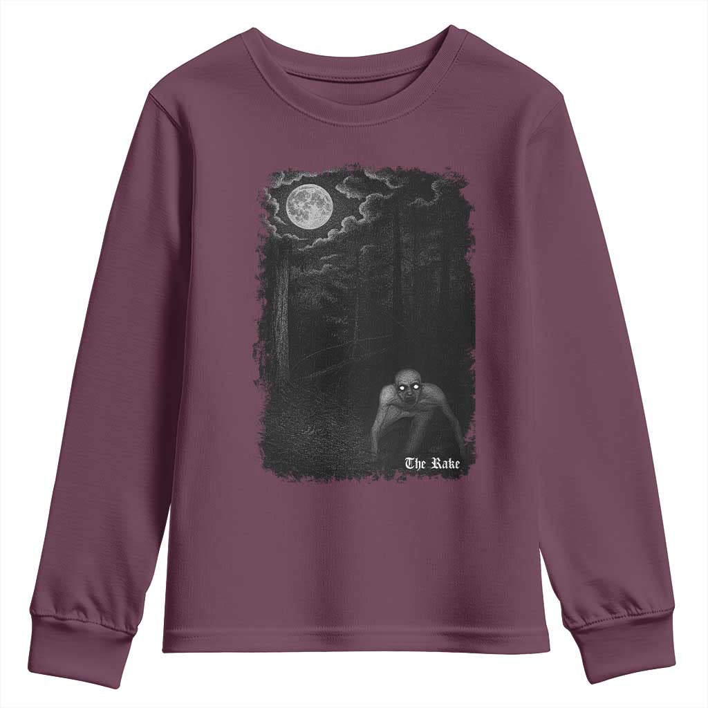 Rake Creepypasta Youth Sweatshirt Cryptid Series Cryptozoology Gift Creepy Horror Halloween TS10 Maroon Print Your Wear